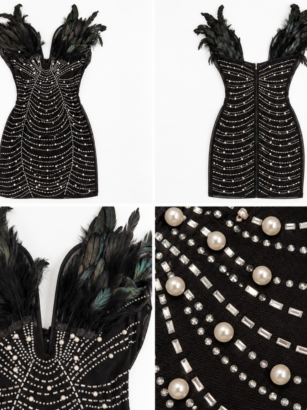 Black Feather Rhinestone Pearl Beaded Bodycon Mini Dress